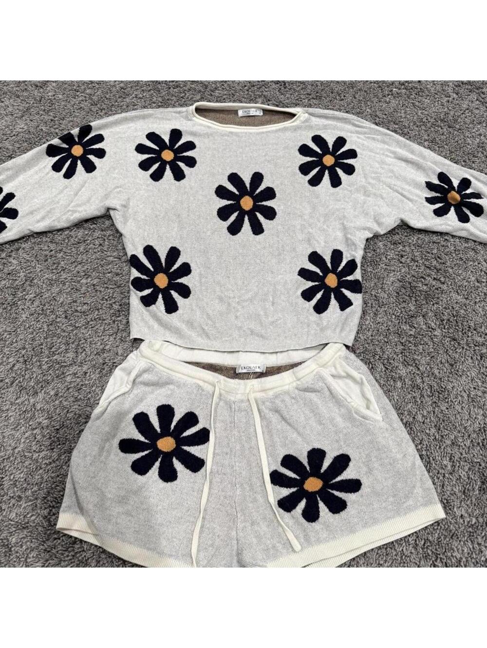 Ekouaer Women's Two-Piece Lounge Set with Floral Pattern